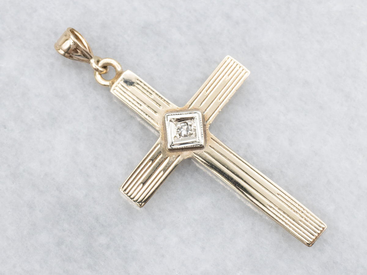 Retro Two Tone Cross Pendant with Diamond Center