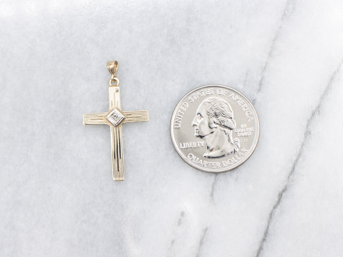 Retro Two Tone Cross Pendant with Diamond Center
