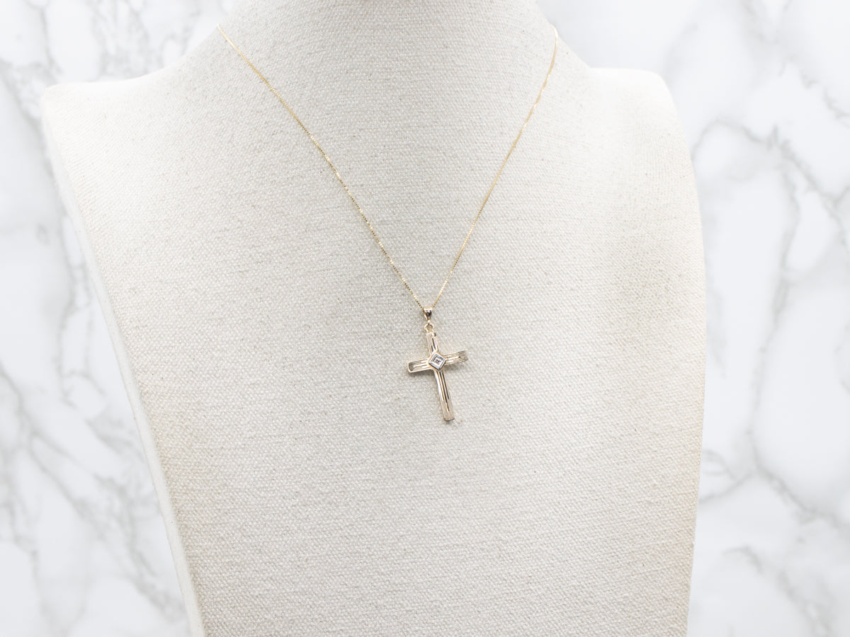 Retro Two Tone Cross Pendant with Diamond Center