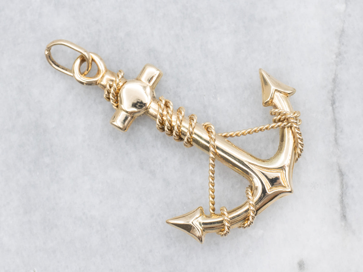 Polished Gold Anchor Pendant Wrapped with Rope