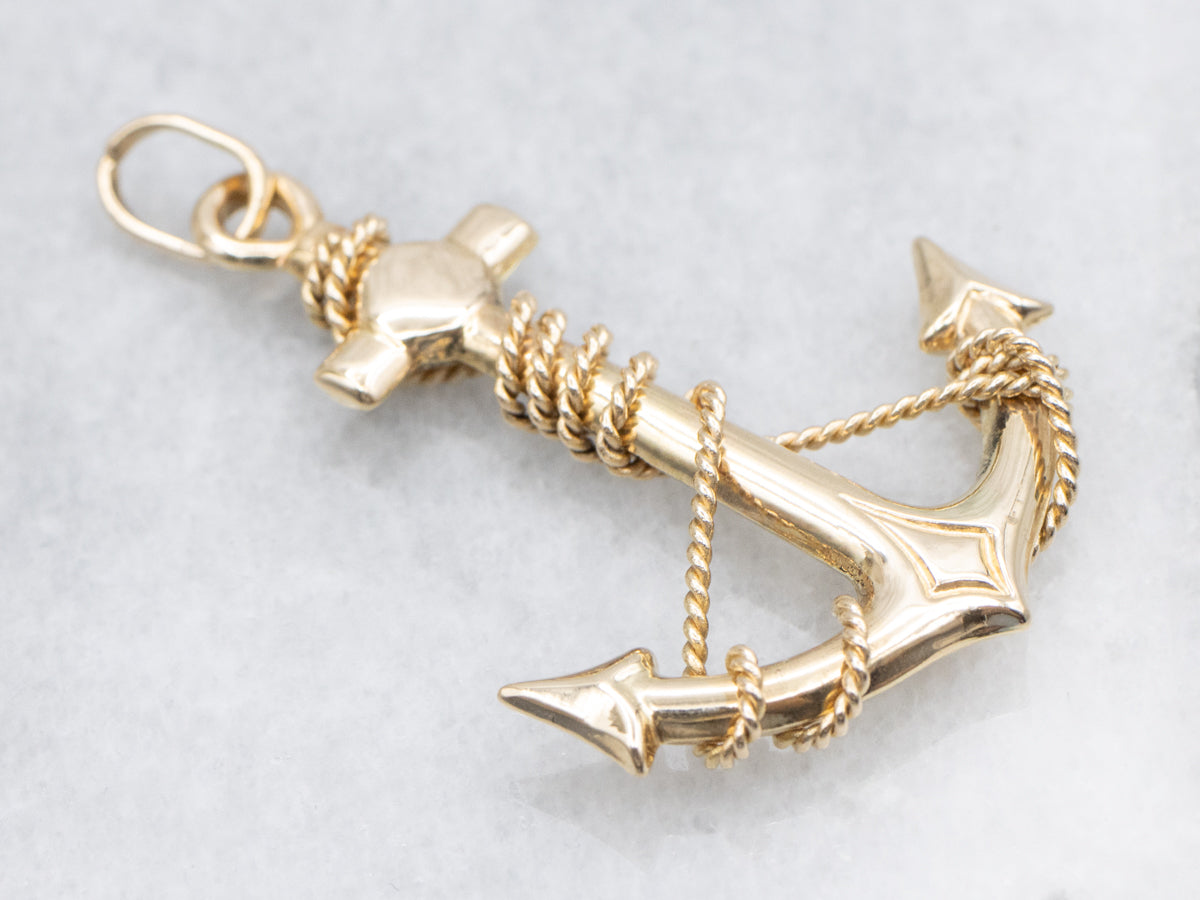 Polished Gold Anchor Pendant Wrapped with Rope