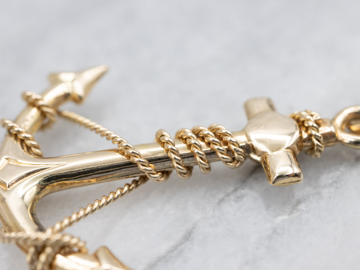 Polished Gold Anchor Pendant Wrapped with Rope
