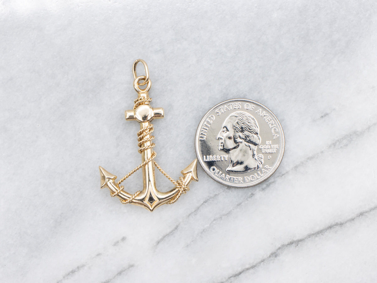 Polished Gold Anchor Pendant Wrapped with Rope