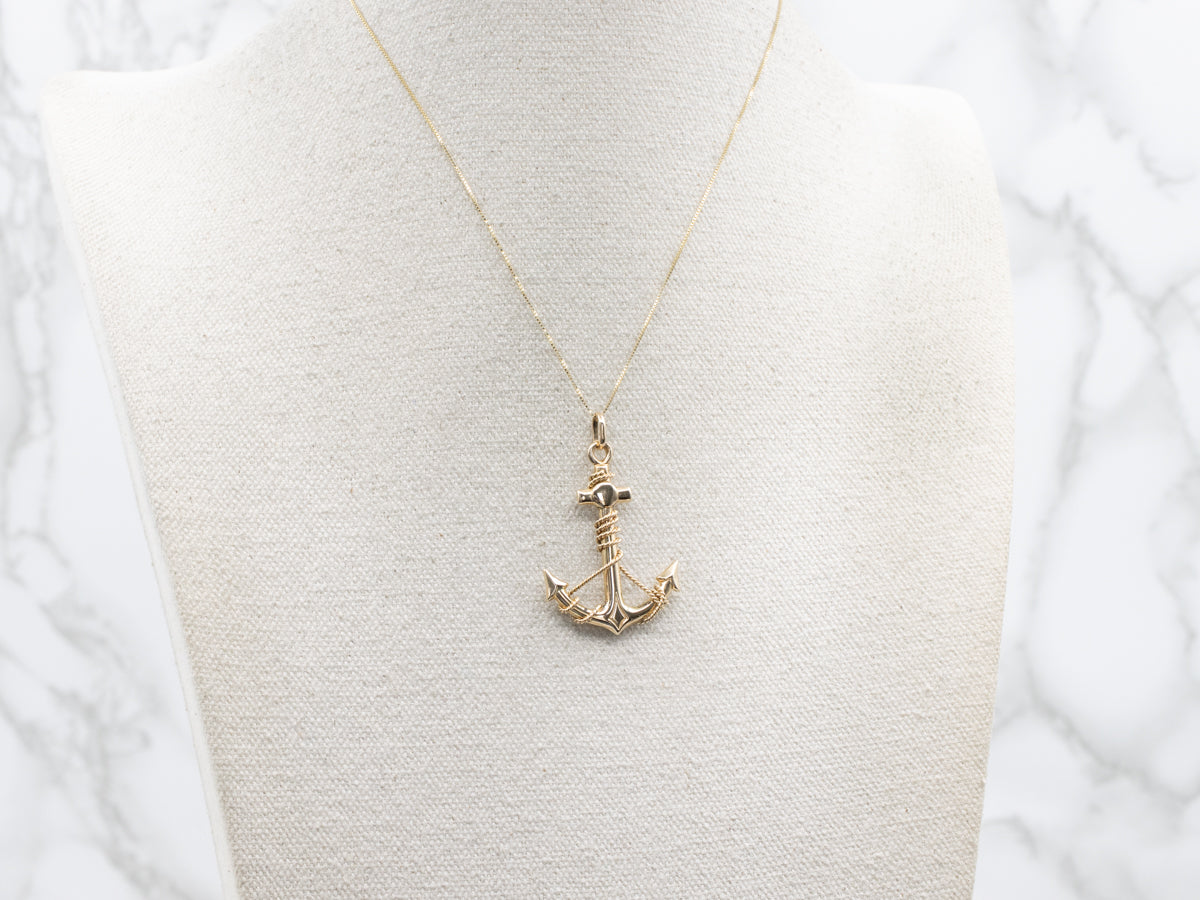 Polished Gold Anchor Pendant Wrapped with Rope