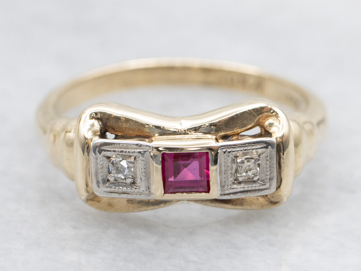 Retro Era Synthetic Ruby and Diamond Ring