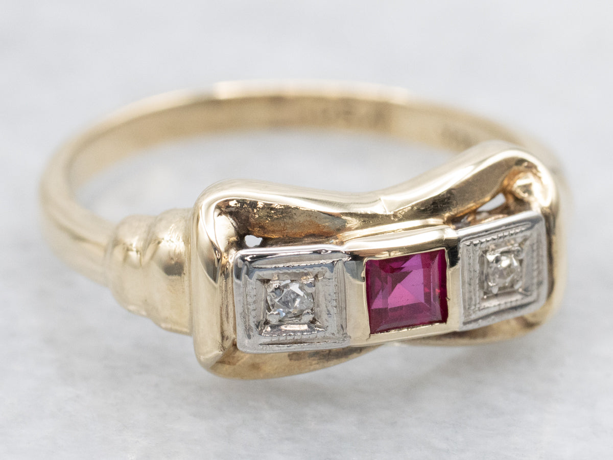 Retro Era Synthetic Ruby and Diamond Ring