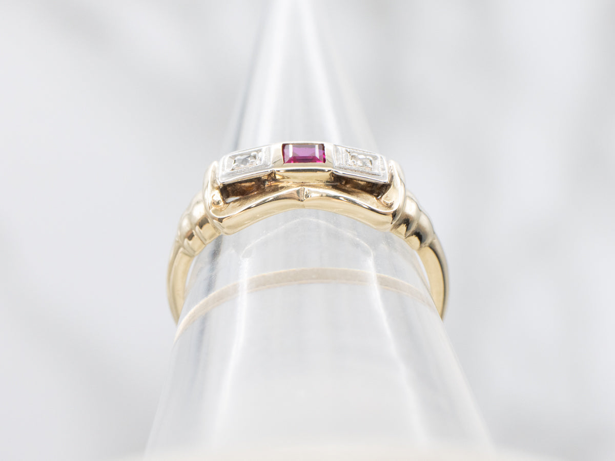 Retro Era Synthetic Ruby and Diamond Ring