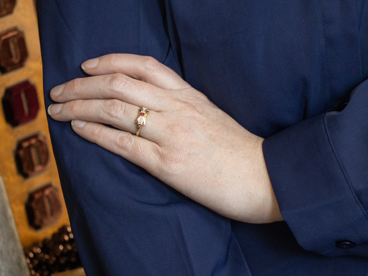 Retro Era Synthetic Ruby and Diamond Ring