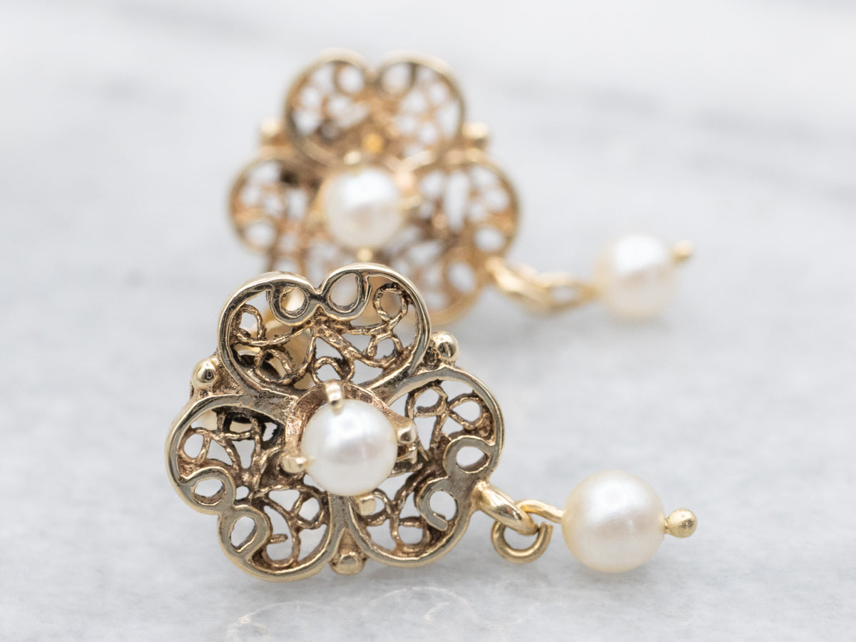 Gold Filigree Saltwater Pearl Drop Earrings