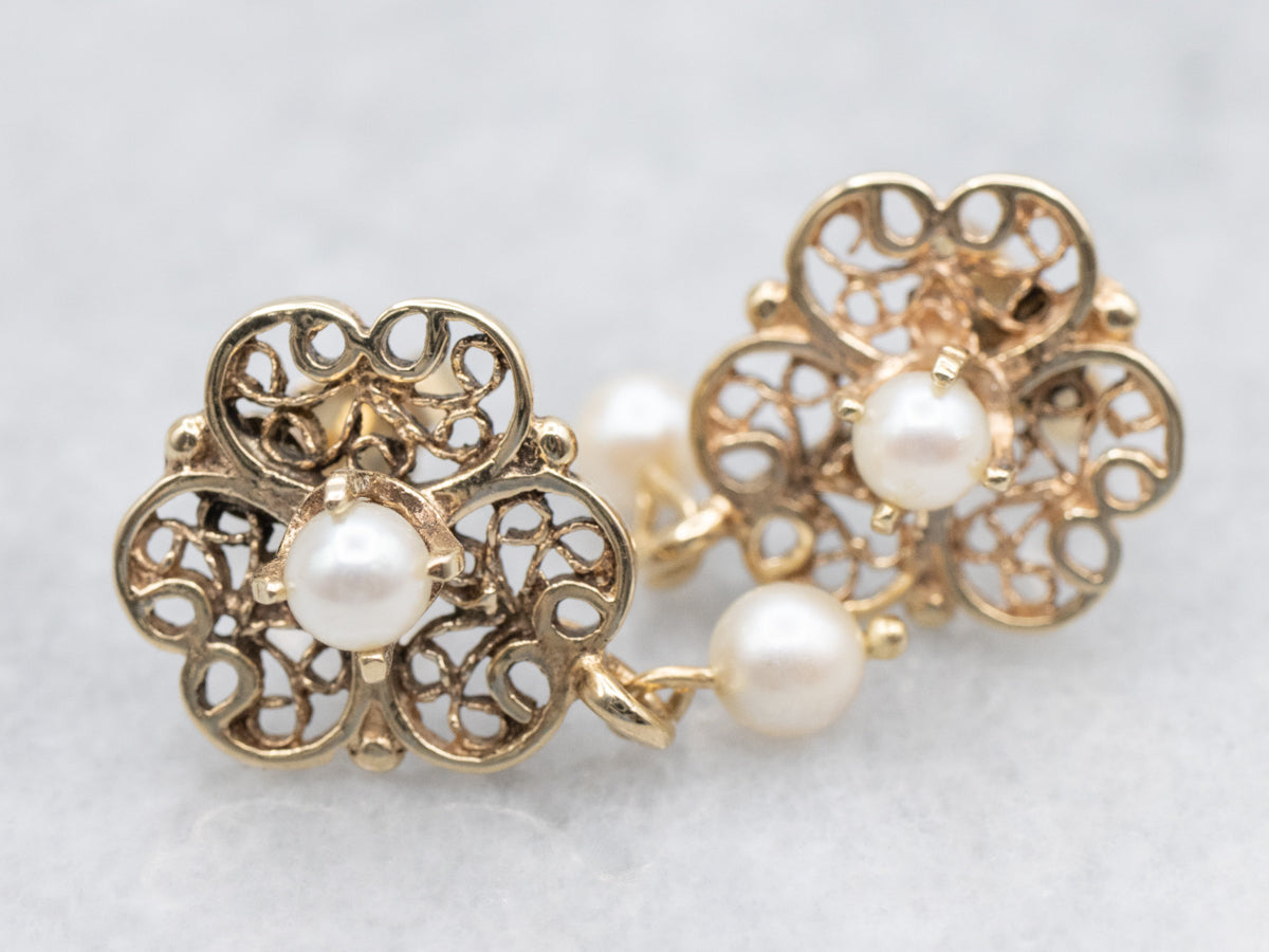 Gold Filigree Saltwater Pearl Drop Earrings