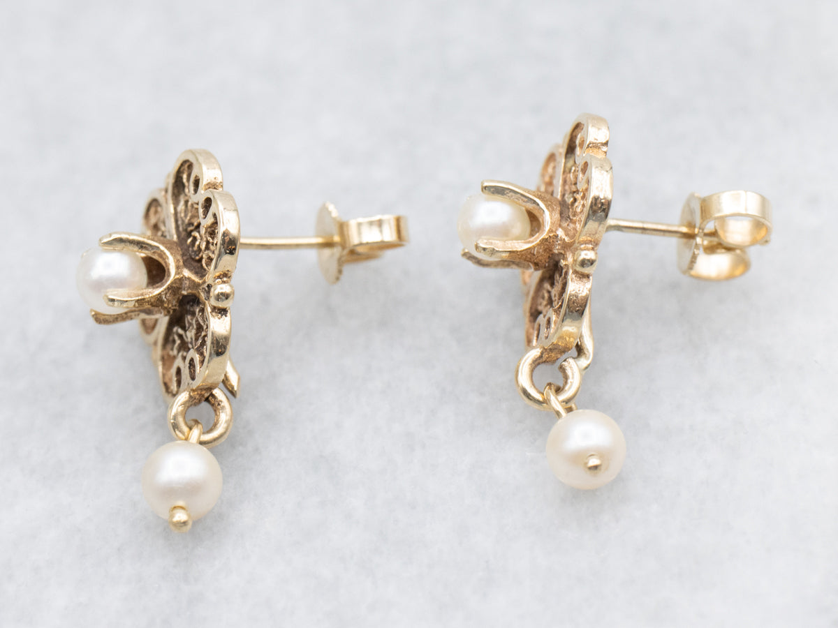 Gold Filigree Saltwater Pearl Drop Earrings
