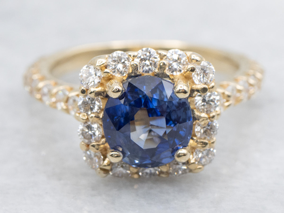 Modern Sapphire and Gold Halo Ring