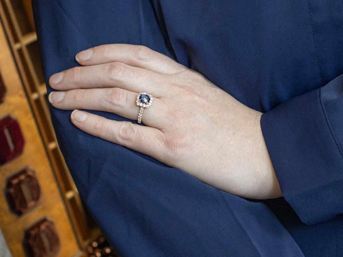 Modern Sapphire and Gold Halo Ring