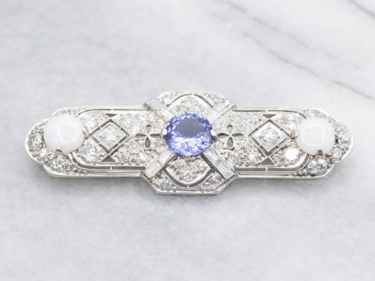 Stunning Antique Tanzanite Opal and Diamond Brooch