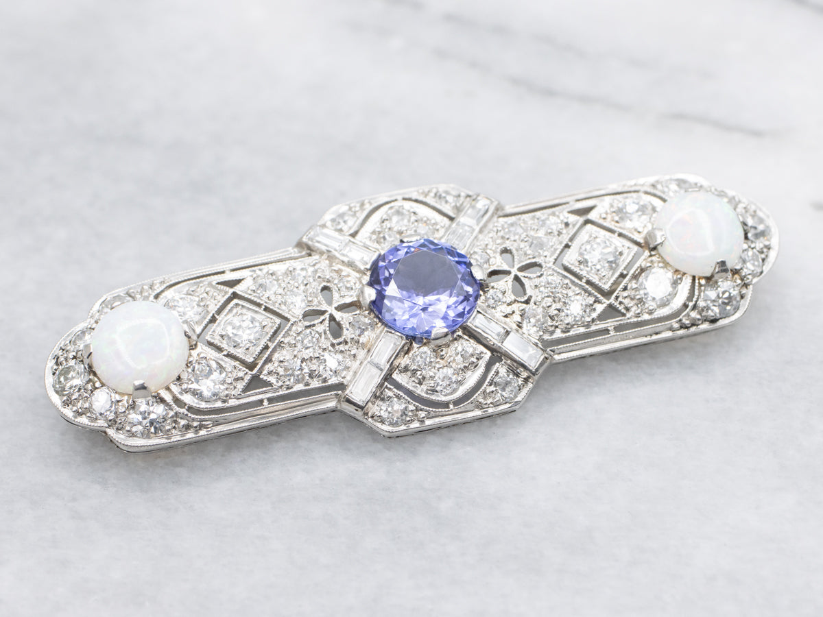 Stunning Antique Tanzanite Opal and Diamond Brooch