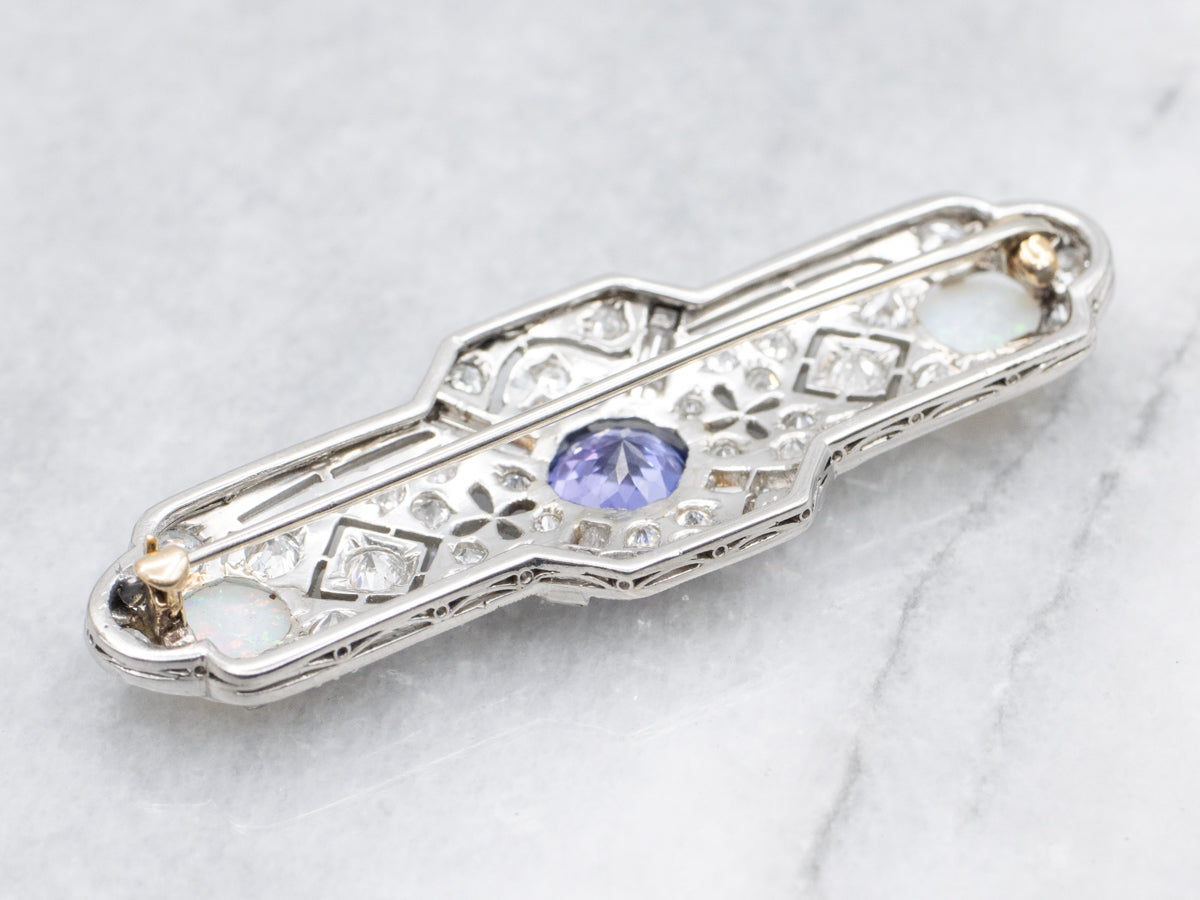 Stunning Antique Tanzanite Opal and Diamond Brooch