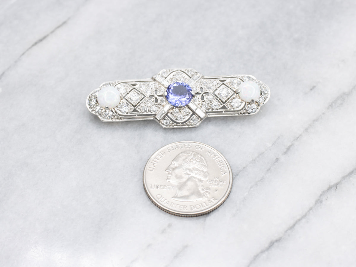 Stunning Antique Tanzanite Opal and Diamond Brooch