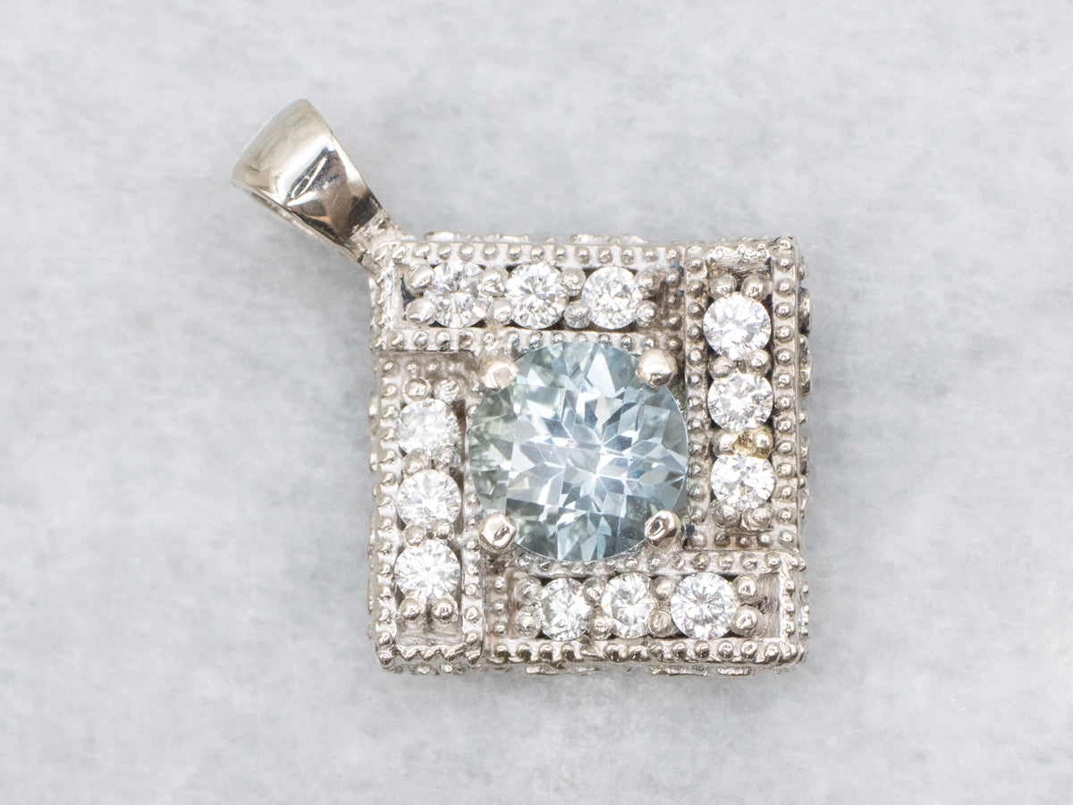 Aquamarine Sparkling Diamond Halo Pendant