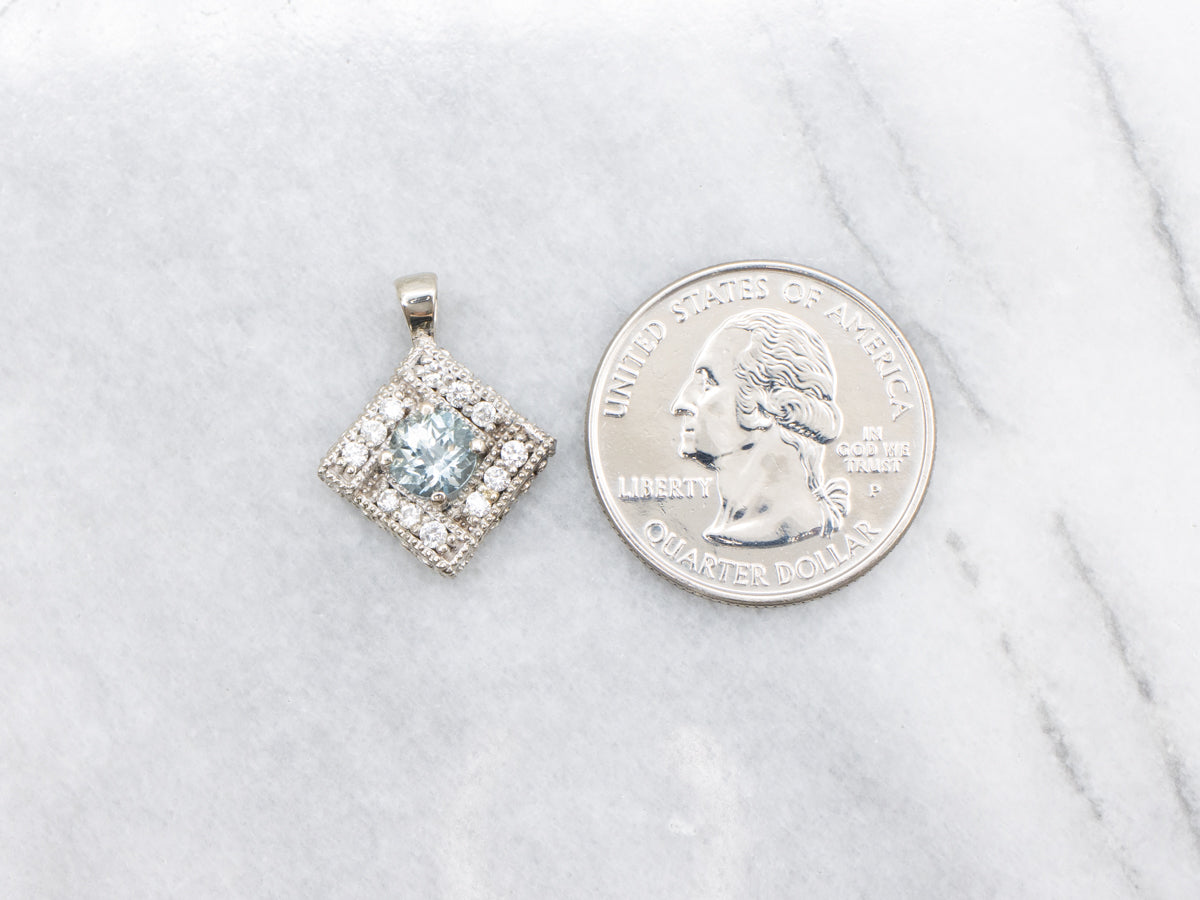 Aquamarine Sparkling Diamond Halo Pendant