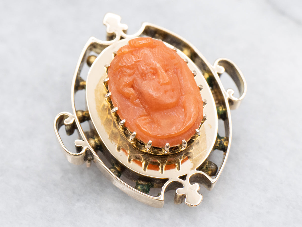 Antique Gold Carved Coral Cameo Brooch