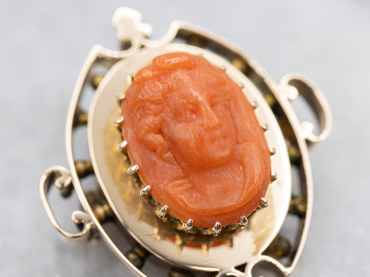 Antique Gold Carved Coral Cameo Brooch