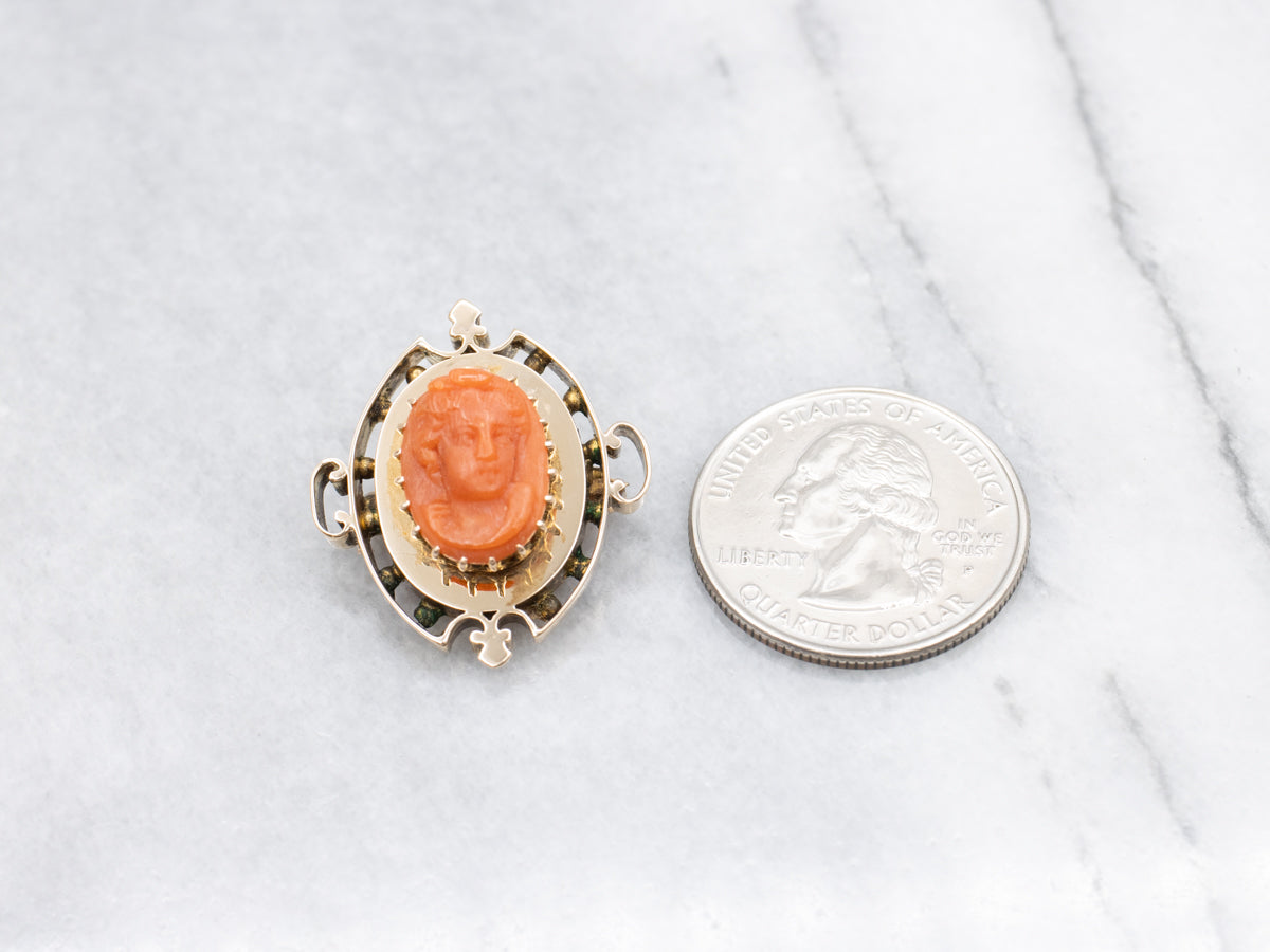Antique Gold Carved Coral Cameo Brooch
