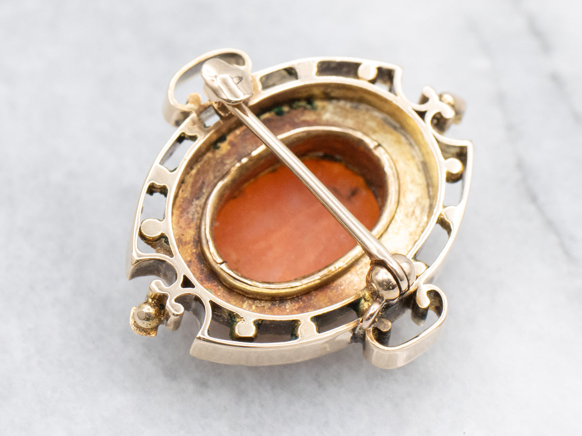 Antique Gold Carved Coral Cameo Brooch