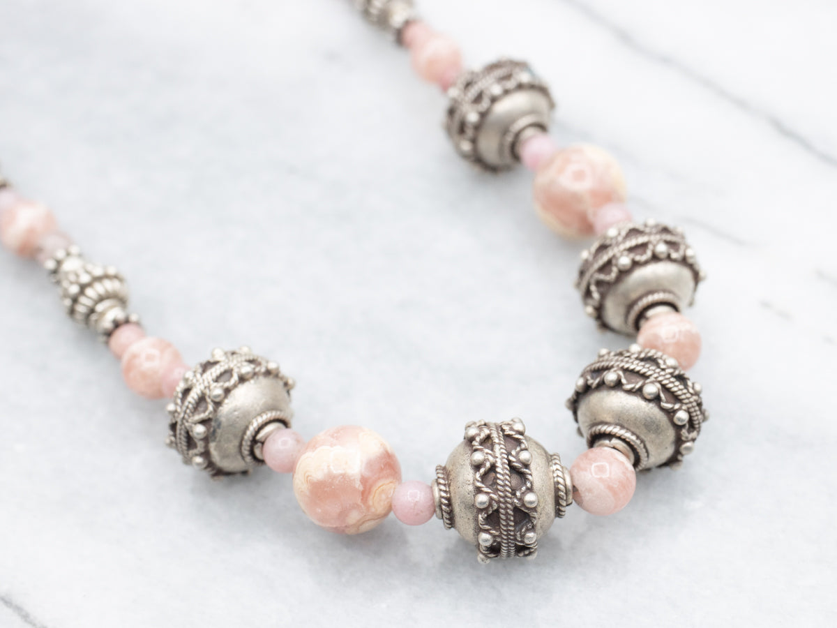 Rhodochrosite Boho-Style Sterling Silver Beaded Necklace