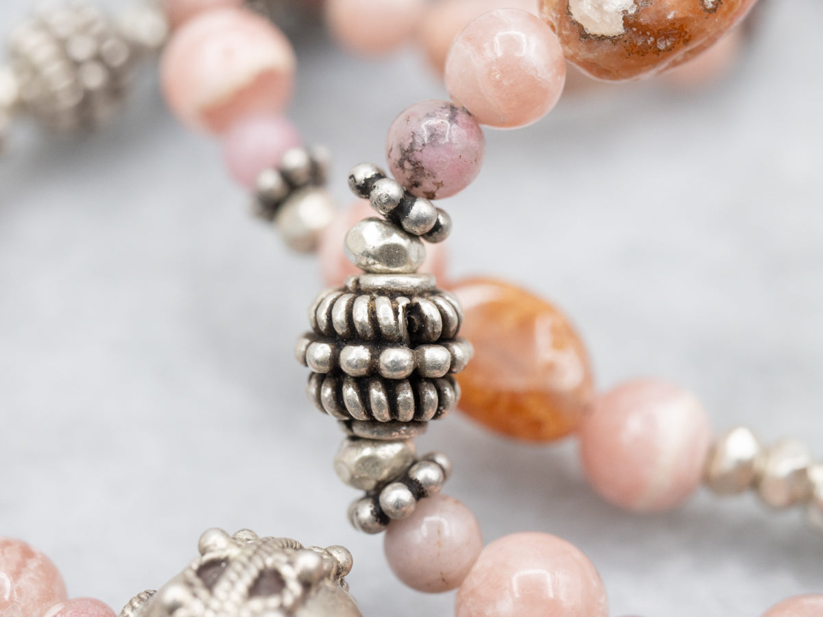 Rhodochrosite Boho-Style Sterling Silver Beaded Necklace