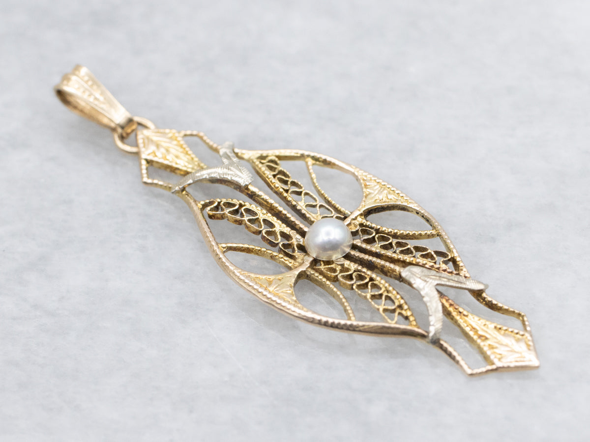 Gold Filigree Seed Pearl Drop Pendant