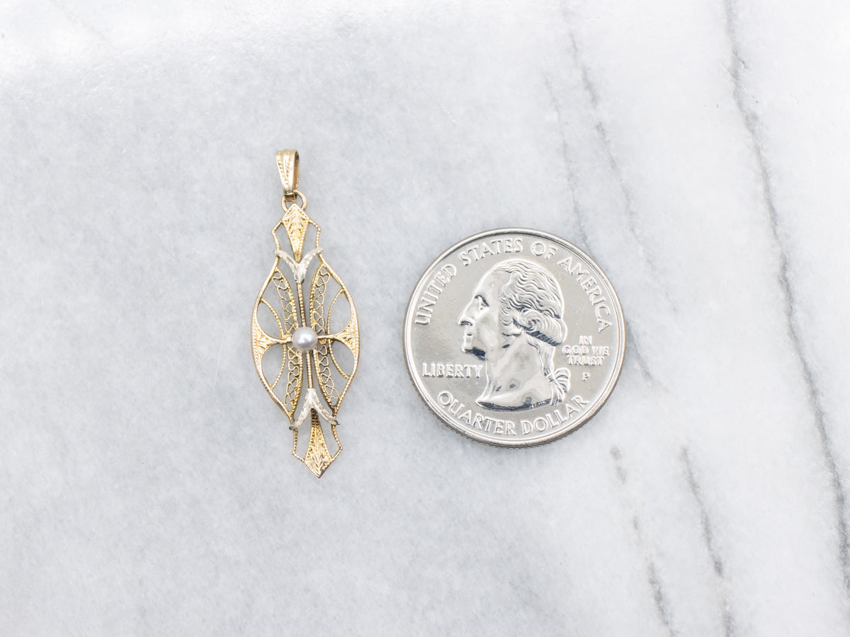 Gold Filigree Seed Pearl Drop Pendant