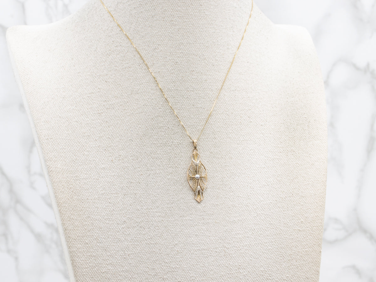 Gold Filigree Seed Pearl Drop Pendant
