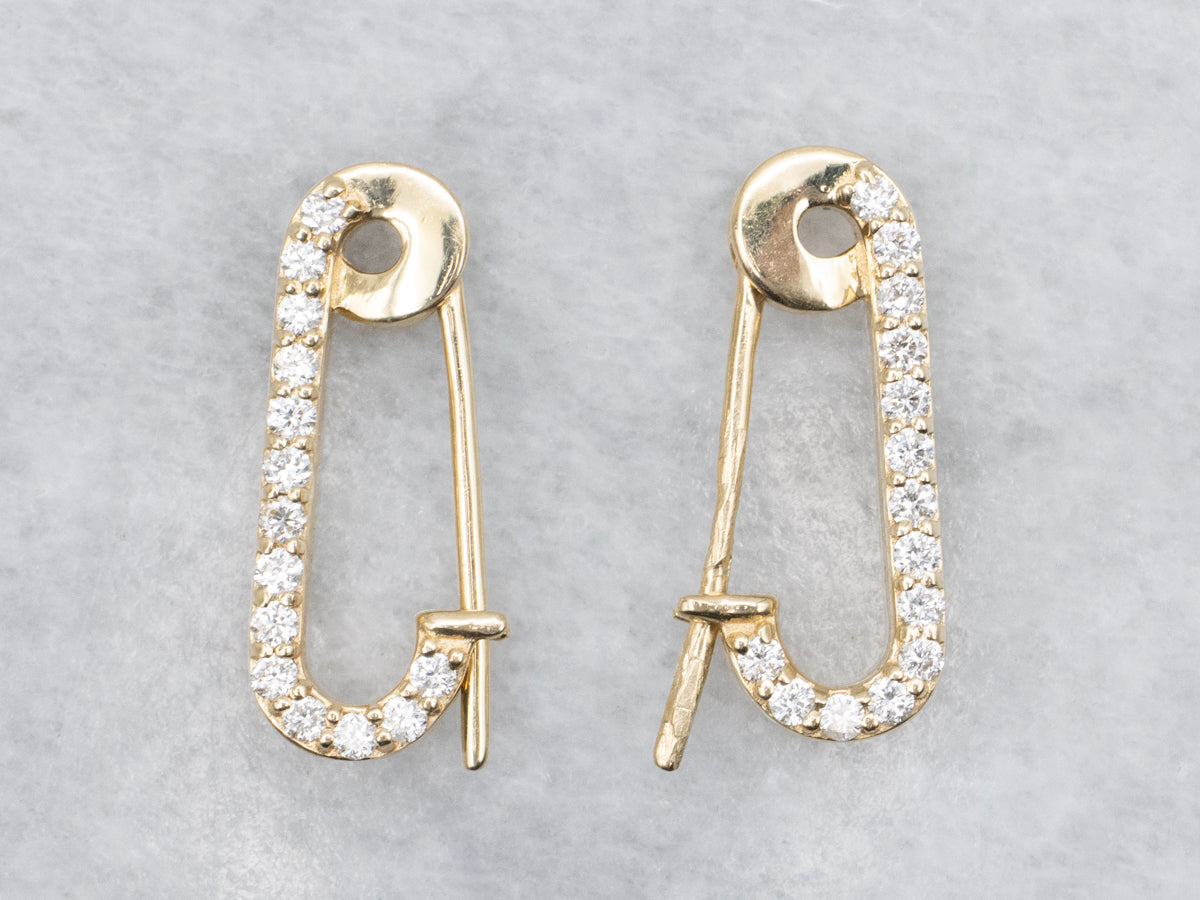 Modern Gold and Diamond Safety Pin Earrings