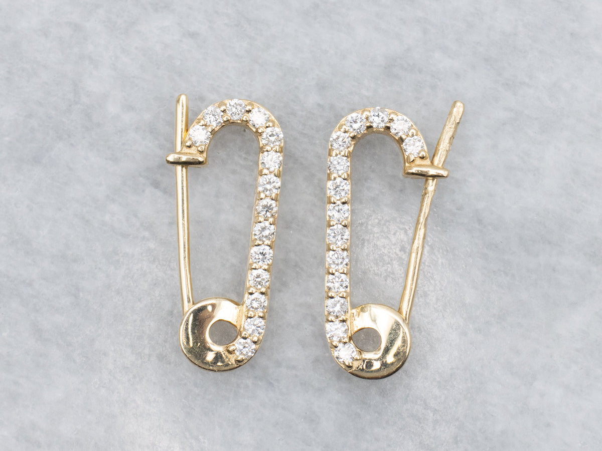 Modern Gold and Diamond Safety Pin Earrings