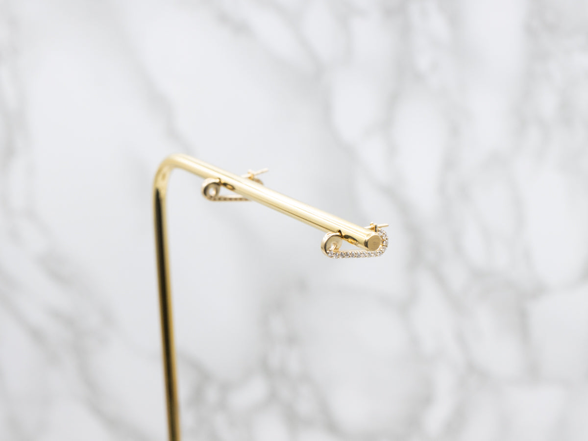 Modern Gold and Diamond Safety Pin Earrings