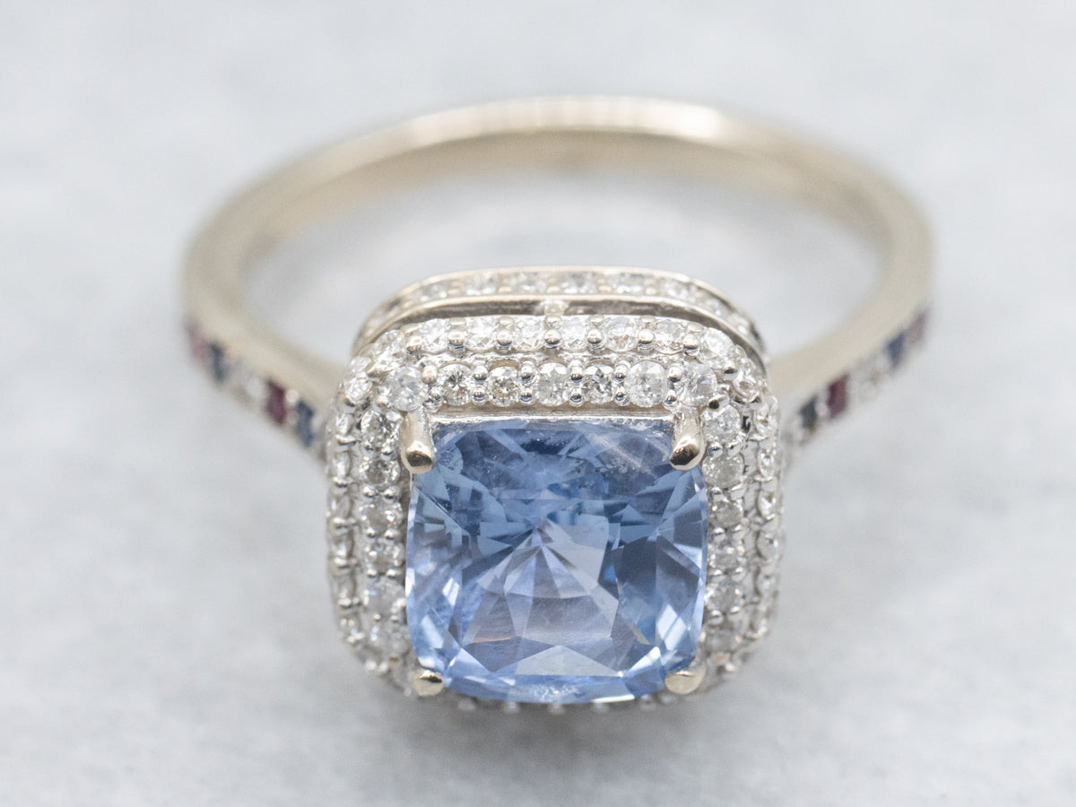 Modern Sapphire Halo Ring with Sapphire Diamond and Ruby Shoulders