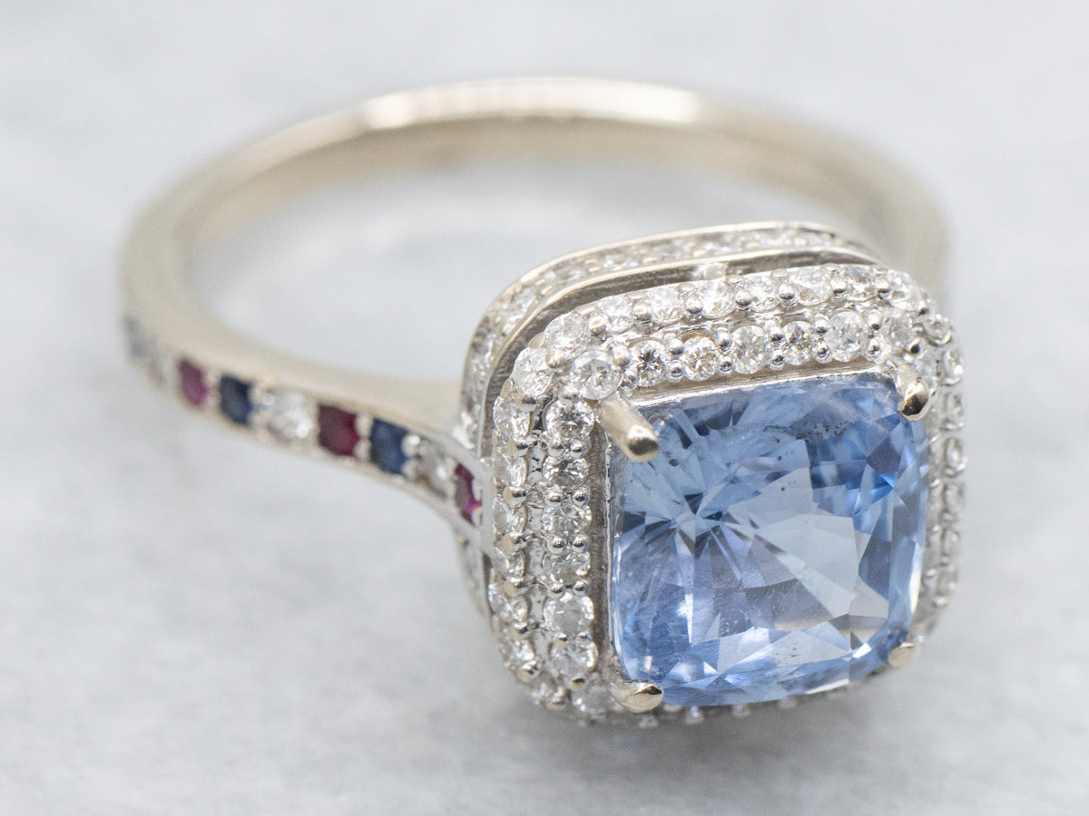 Modern Sapphire Halo Ring with Sapphire Diamond and Ruby Shoulders