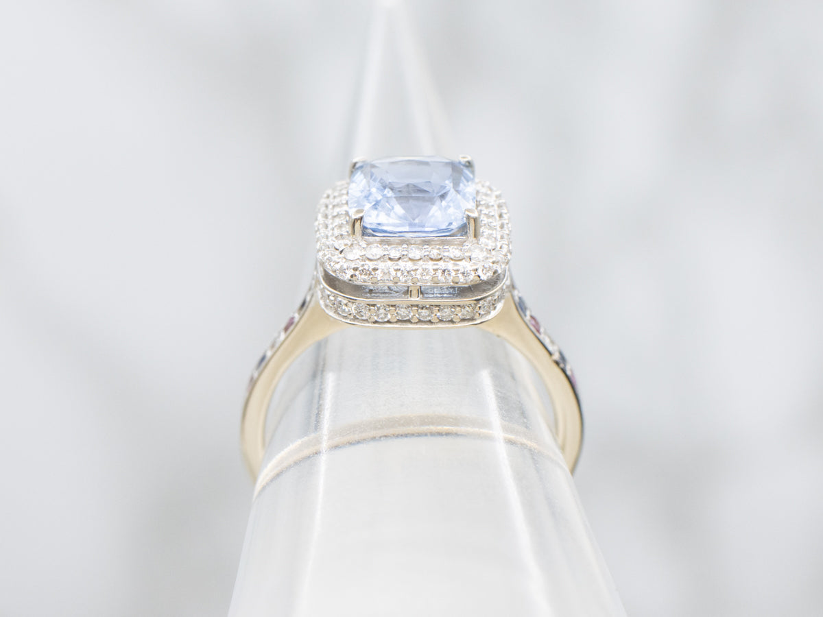 Modern Sapphire Halo Ring with Sapphire Diamond and Ruby Shoulders