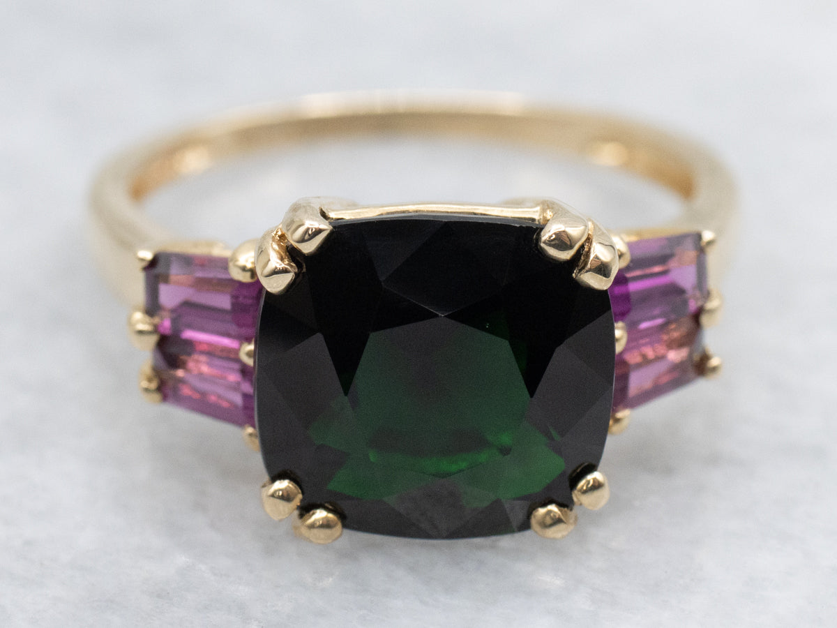 Dark Green Tourmaline and Rhodolite Garnet Ring