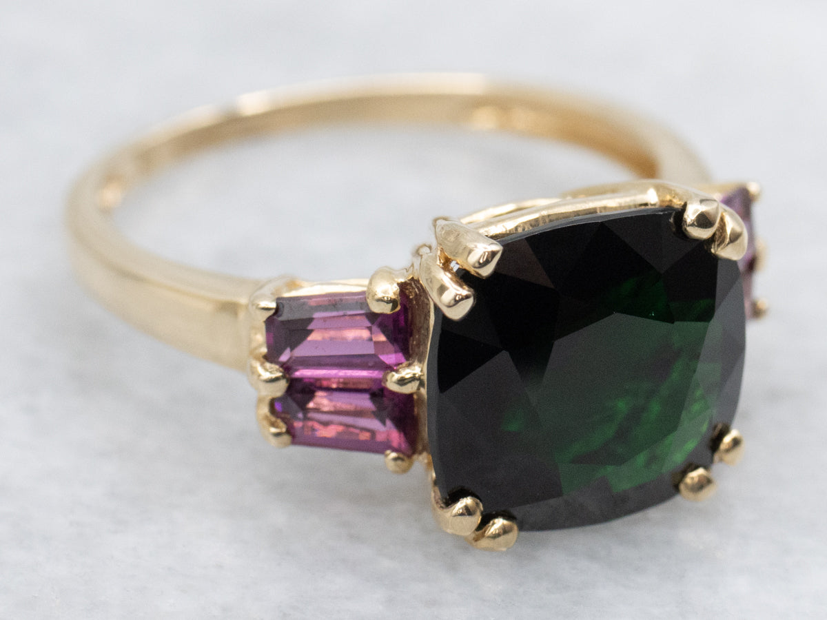 Dark Green Tourmaline and Rhodolite Garnet Ring
