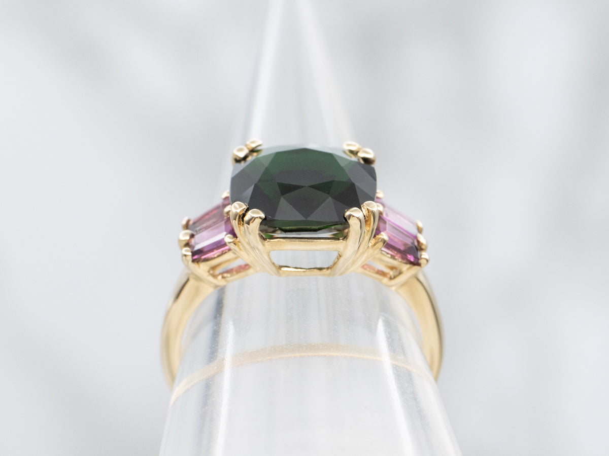 Dark Green Tourmaline and Rhodolite Garnet Ring