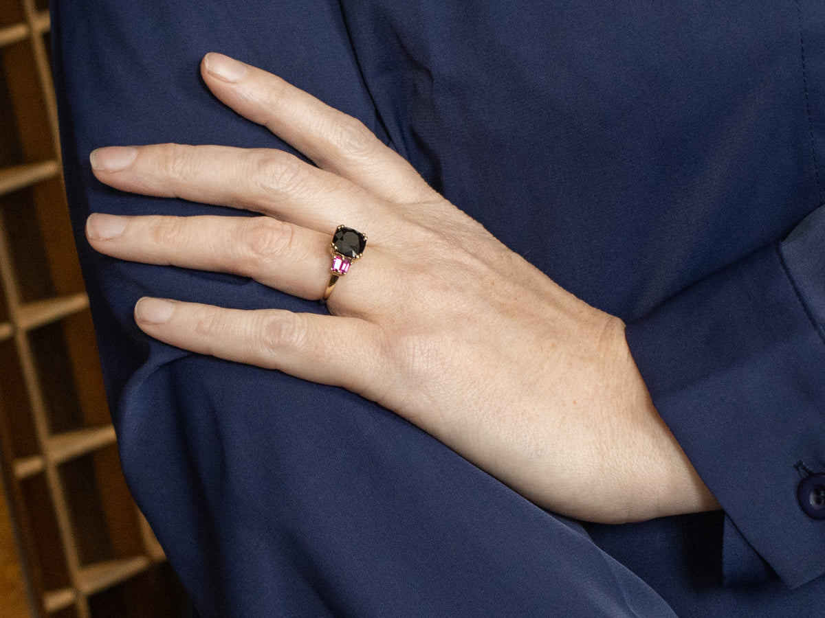 Dark Green Tourmaline and Rhodolite Garnet Ring