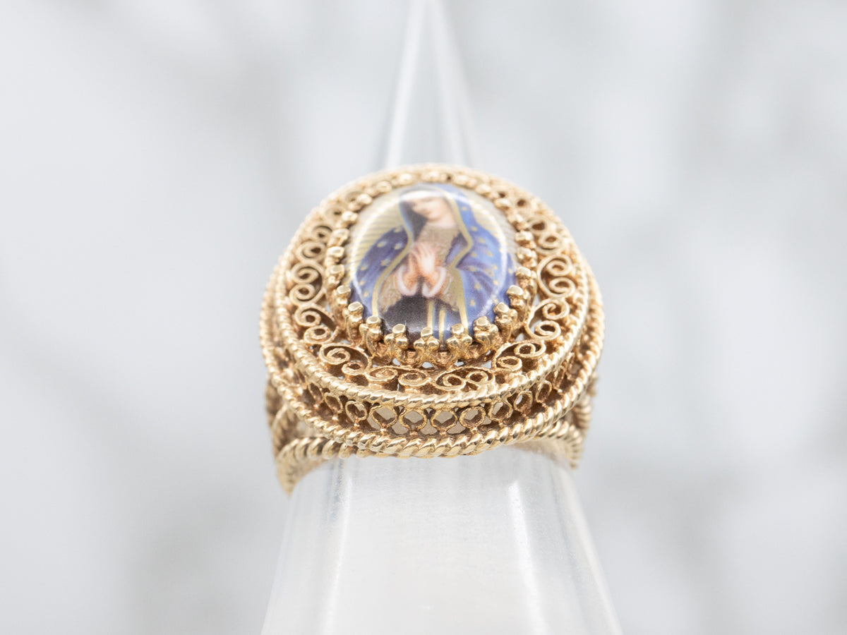 Religious Porcelain Filigree and Rope Design Ring