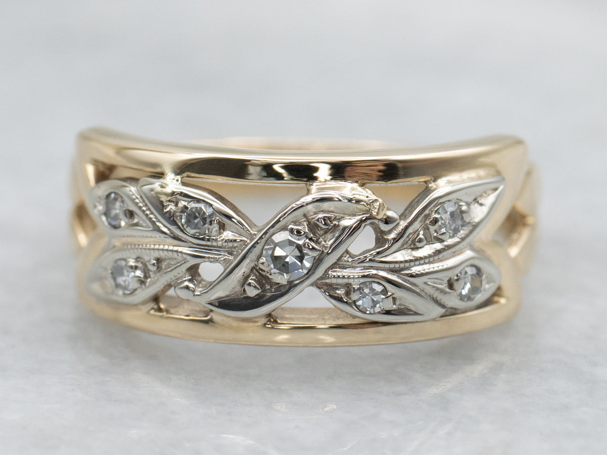 Two Tone Open Work Botanical Diamond Band