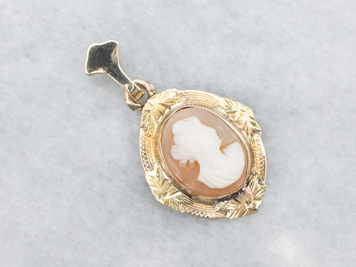 Vintage Gold Cameo Pendant in Engraved Gold Setting