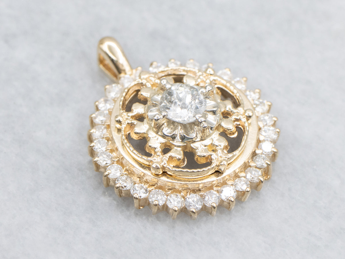 Old Mine Cut Diamond Ornate Gold Stickpin Conversion Pendant