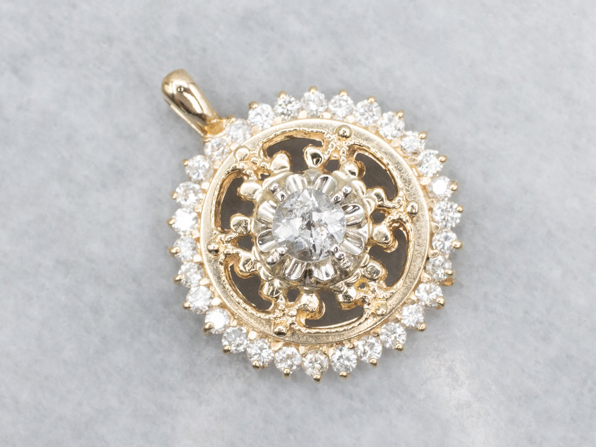 Old Mine Cut Diamond Ornate Gold Stickpin Conversion Pendant