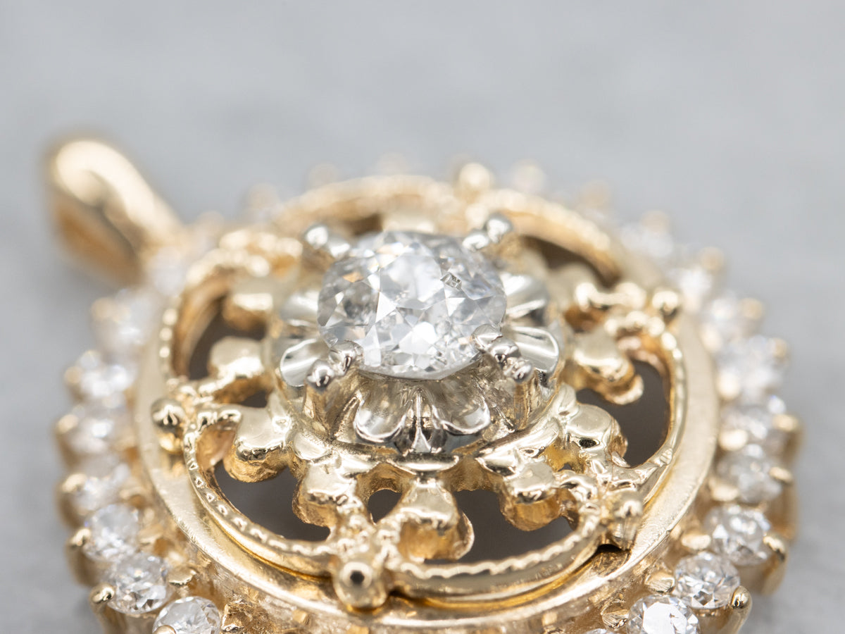 Old Mine Cut Diamond Ornate Gold Stickpin Conversion Pendant