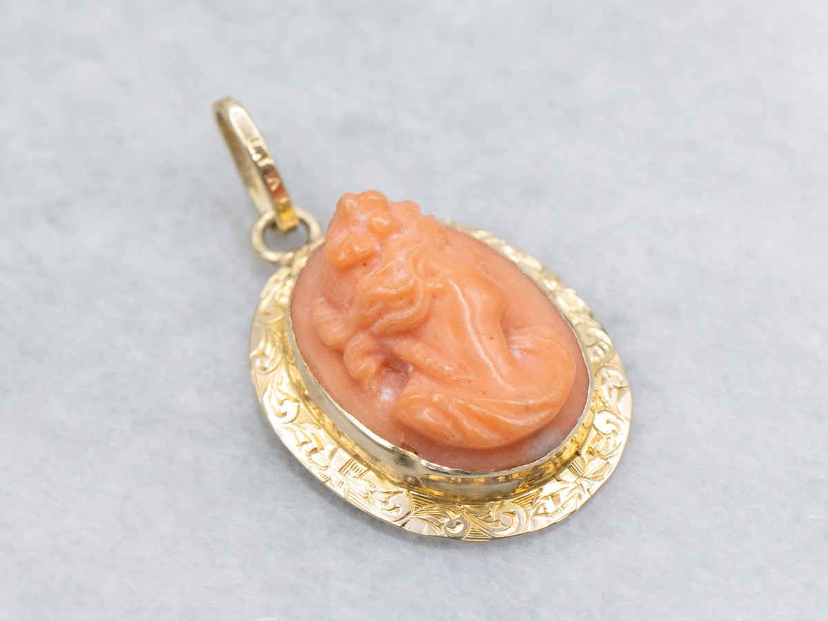 Vintage Coral Cameo Floral Engraved Gold Pendant
