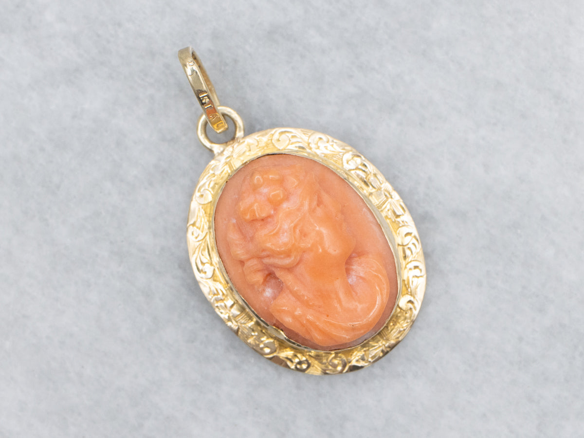 Vintage Coral Cameo Floral Engraved Gold Pendant